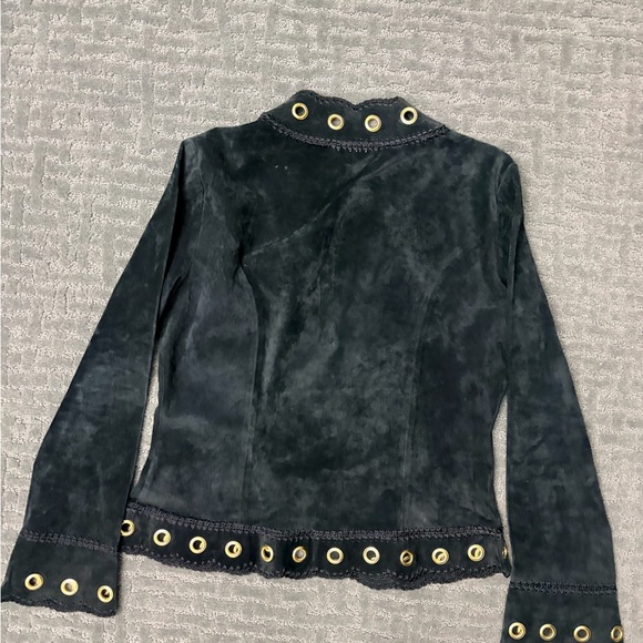 Vintage Y2K Cache Grommet/Eyelet Trim 100% Suede Leather Jacket Sz Large Black - Picture 4 of 9